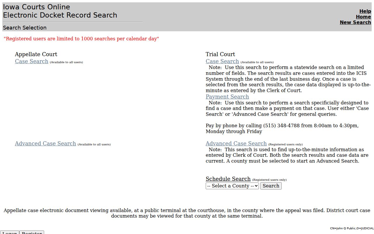 Iowa Courts Online entry for a Webster County warrant lookup